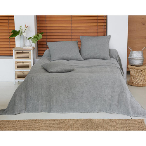 Becquet - Jeté de lit WELLS gris en gaze de coton - Couvre lits jetes de lit gris